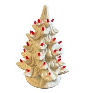 Vintage Homco White Ceramic Christmas Tree Red Bulbs Tabletop Decor 6 Inch
